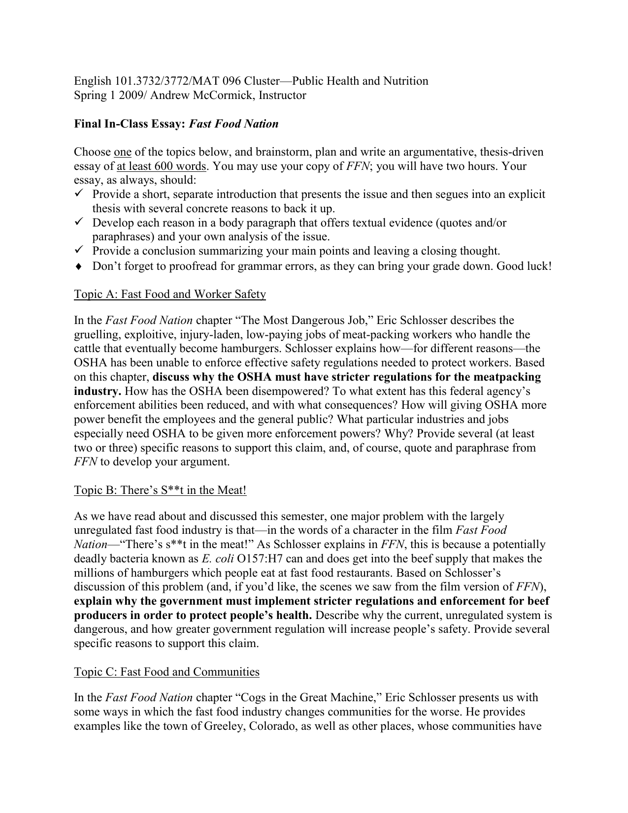 Fast Food Nation Essay Example | Topics and Well Written Essays - words
