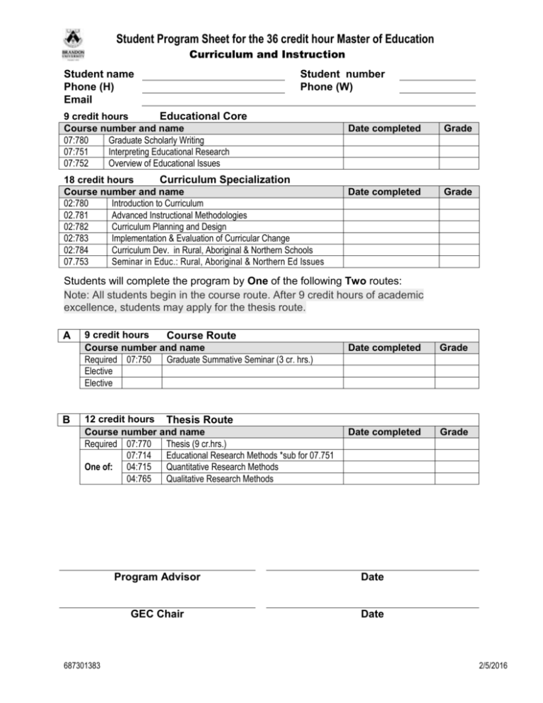 Student Program Sheet For The 36 Credit Hour Master Of Education