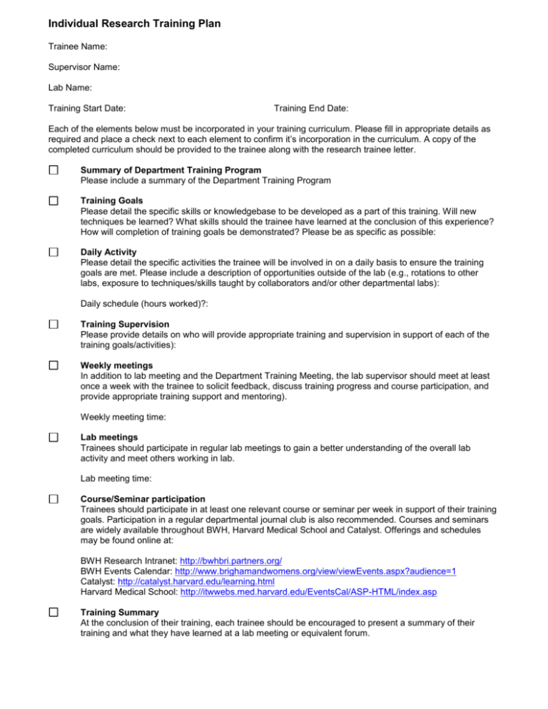 Individual Research Training Plan
