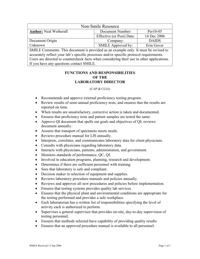 Laboratory Director Position Description