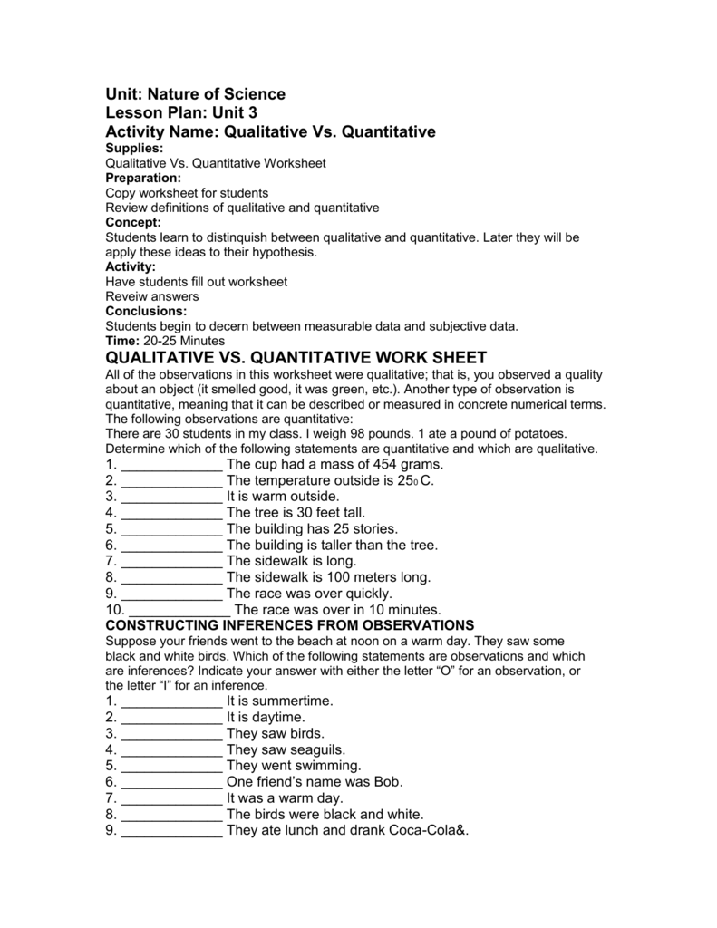 Qualitative Vs Quantitative Worksheet - Ivuyteq