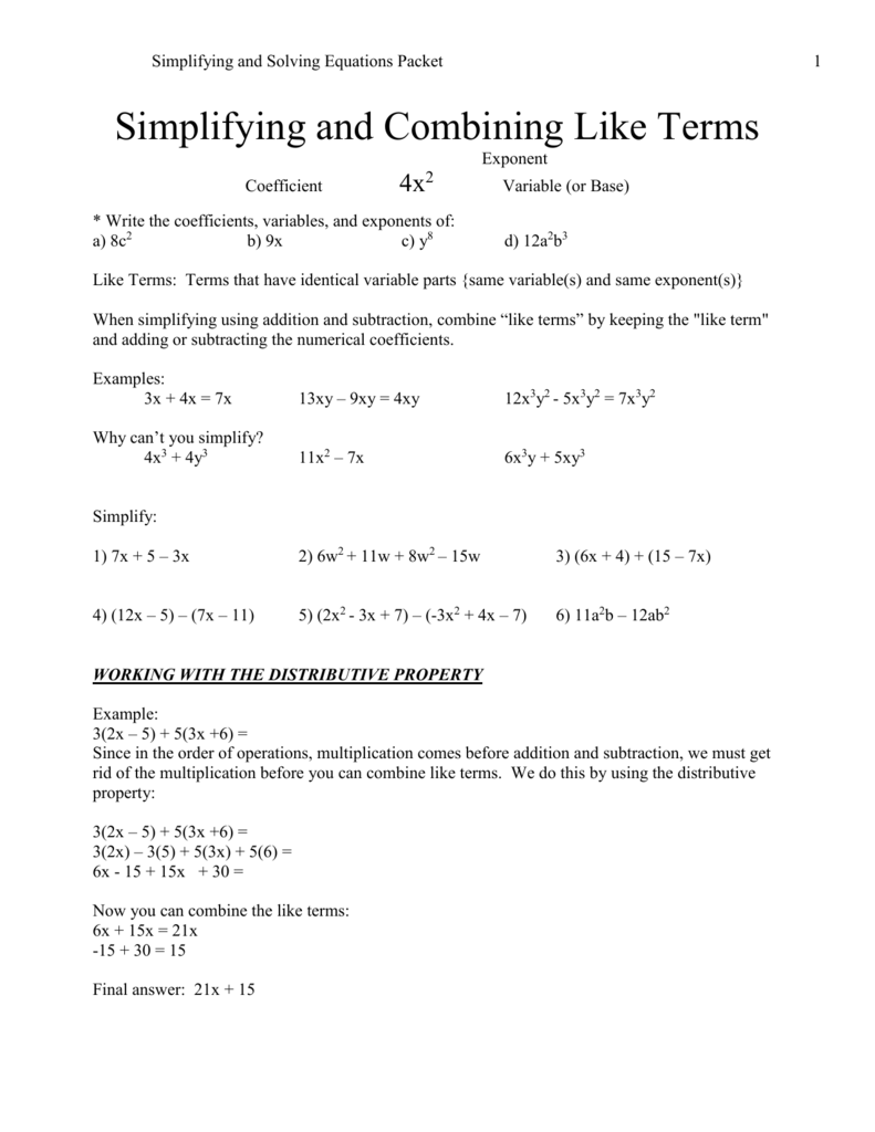 Simplifying And Combining Like Terms