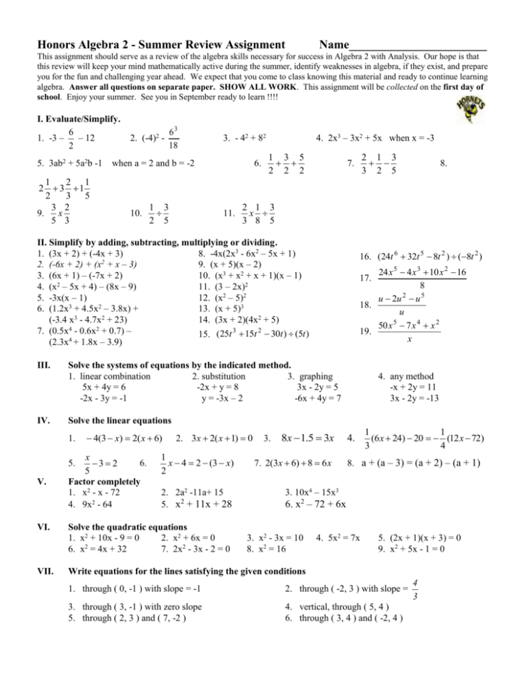 Honors Algebra 2