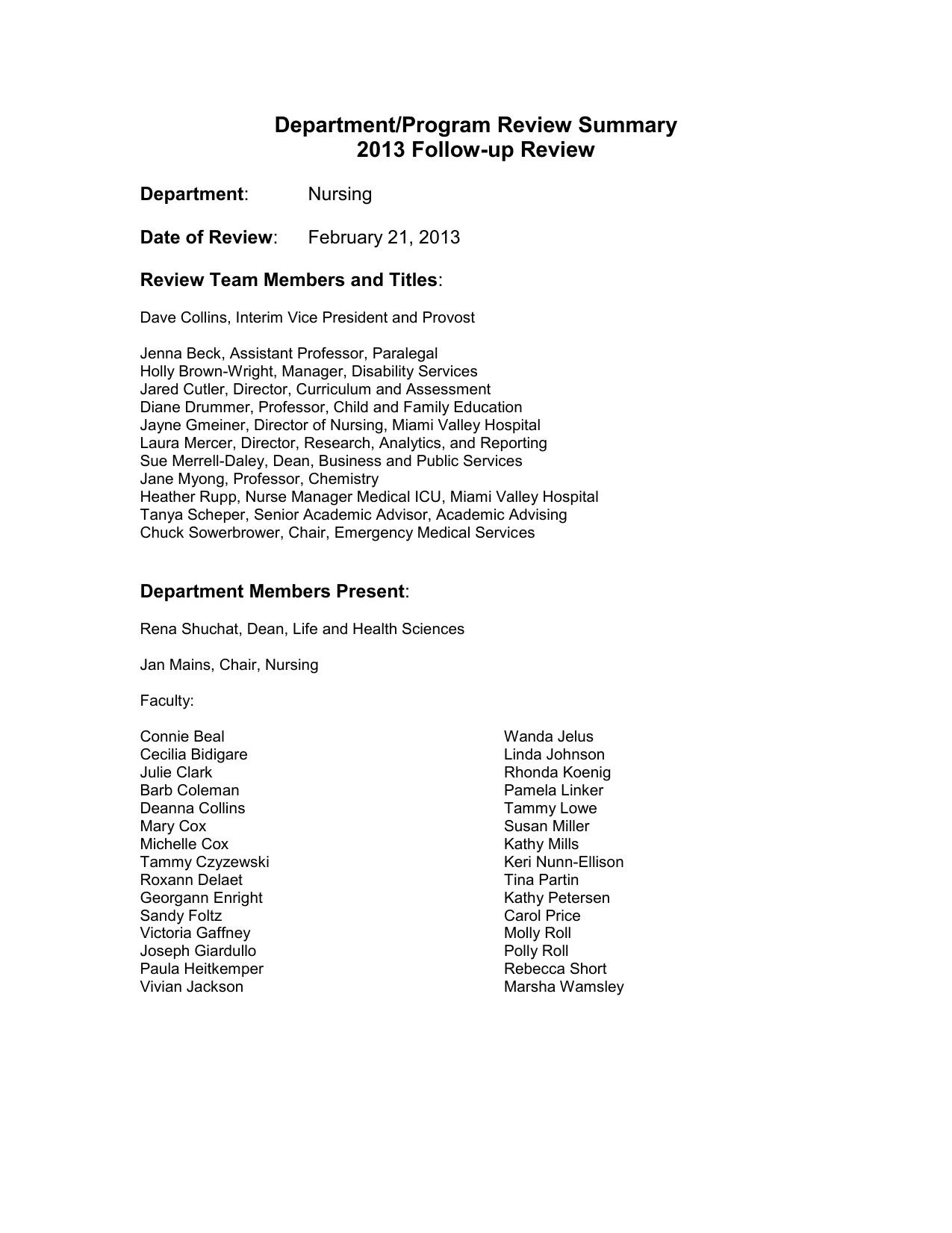 Department Program Review Summary