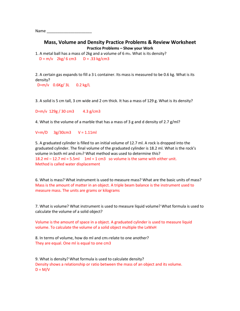 Density test review packet Answer key Inside Density Practice Problems Worksheet