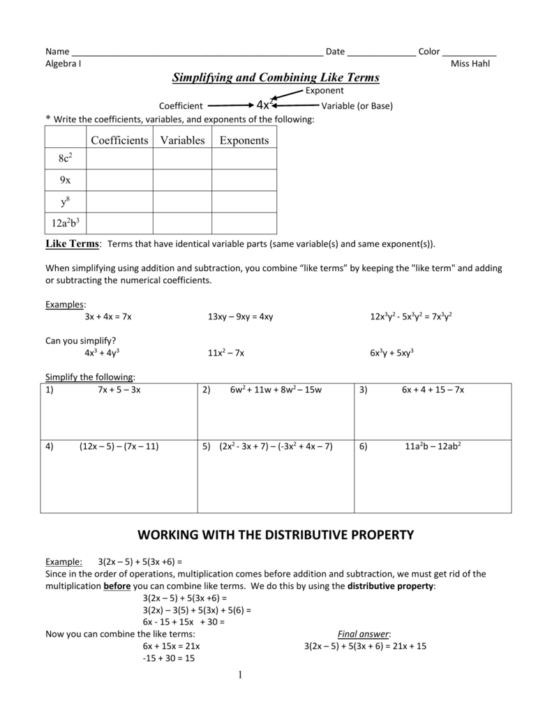 Simplifying and Combining Like Terms Inside Combining Like Terms Practice Worksheet