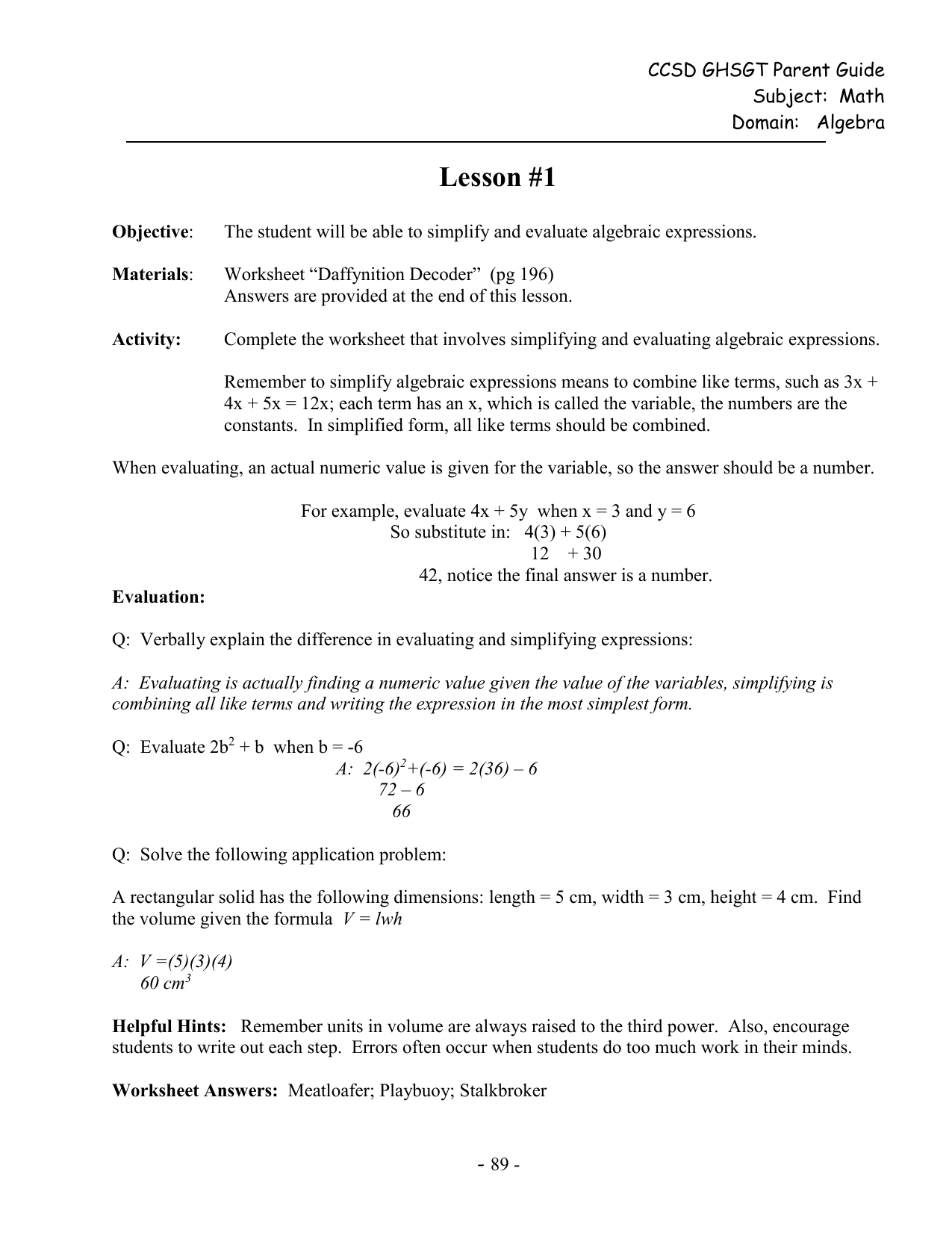 Algebra - McEachern High School With Regard To Simplifying Algebraic Expressions Worksheet Answers