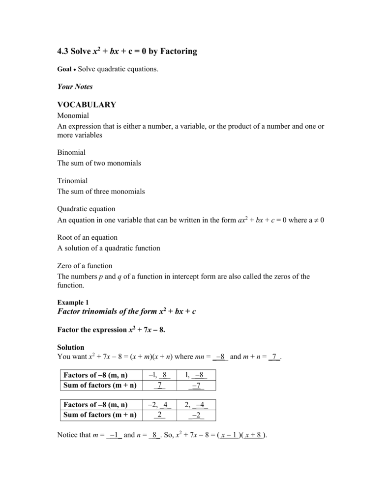 Solve x22 + bx + c = 22 by Factoring Pertaining To Factoring Ax2 Bx C Worksheet