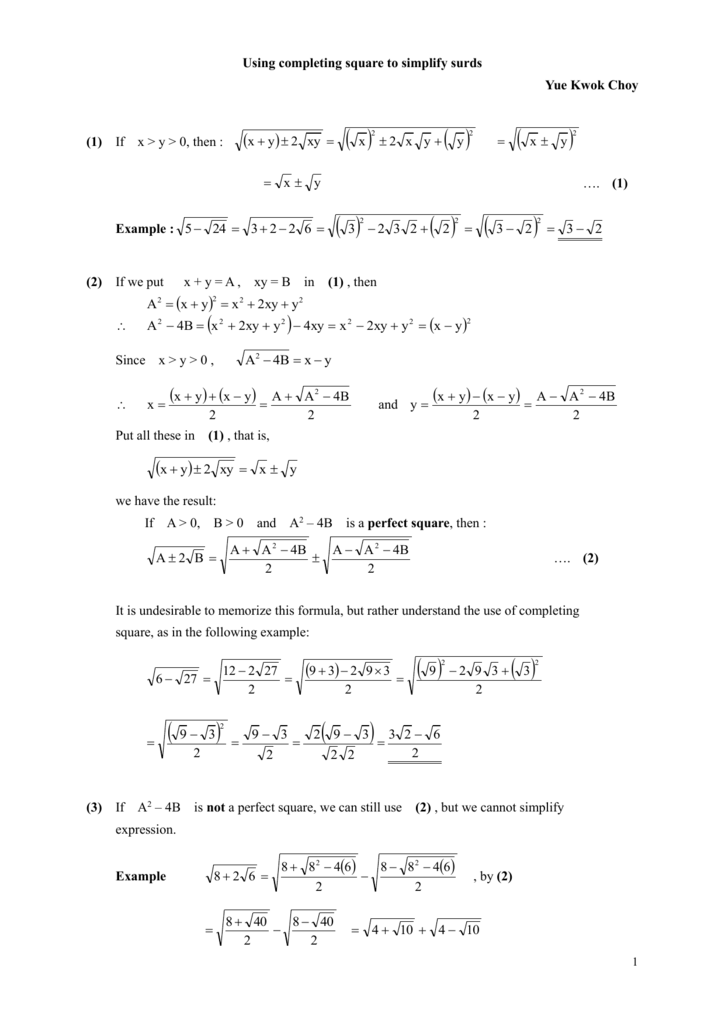 Using Completing Square To Simplify Surds Doc