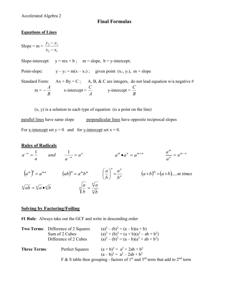 Algebra 2 Formula Chart