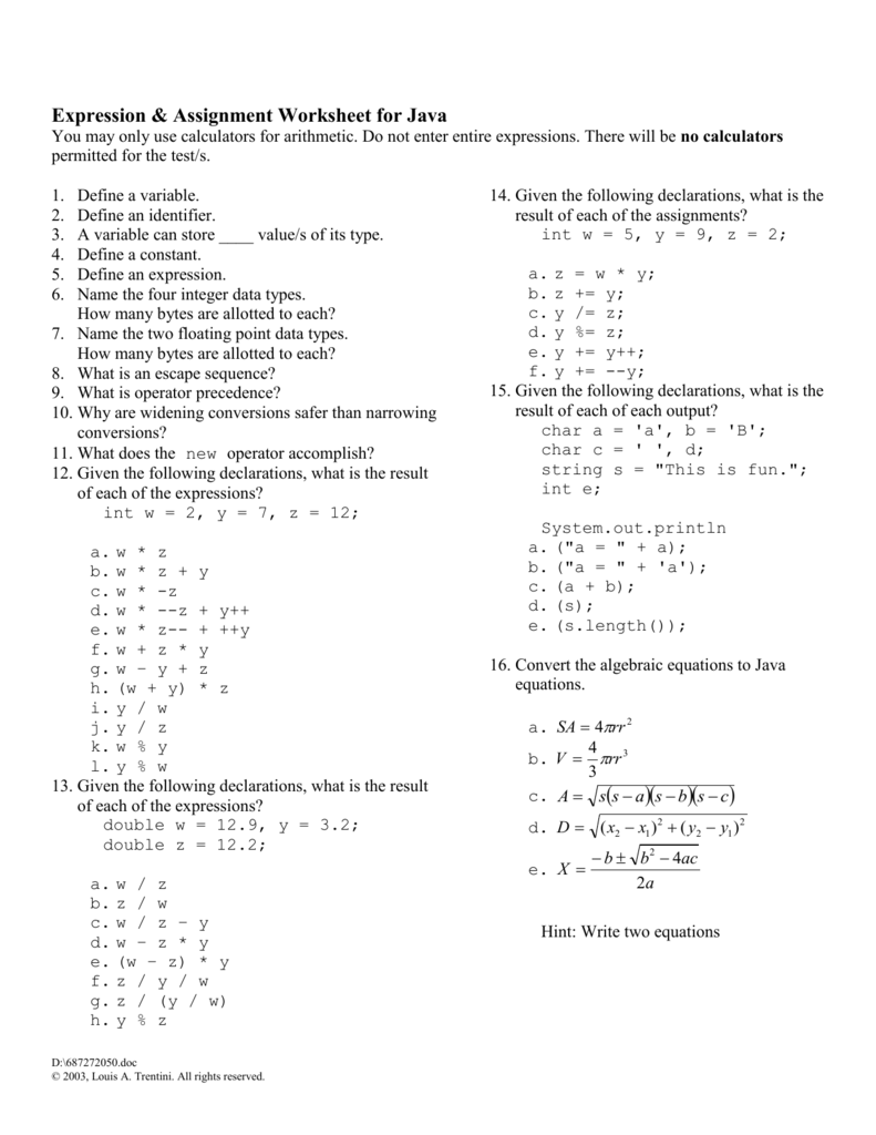 Expression Assignment Worksheet