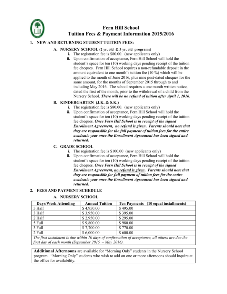 2015-2016 Fee Schedule and Calendar