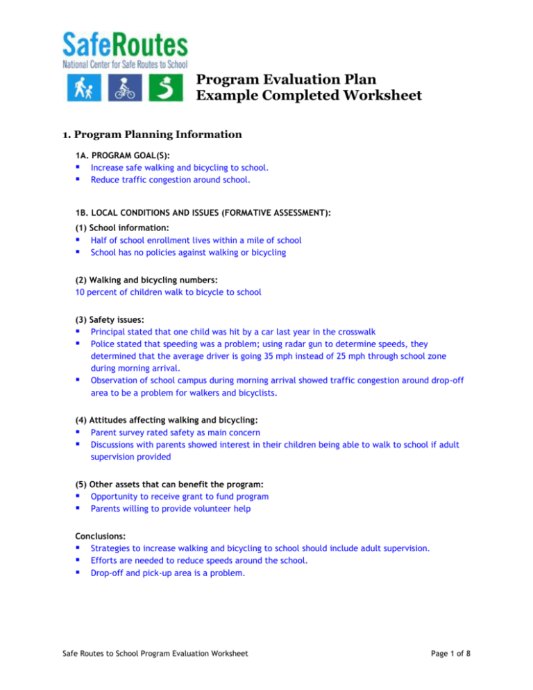 Safe Routes to School Program Evaluation Worksheet