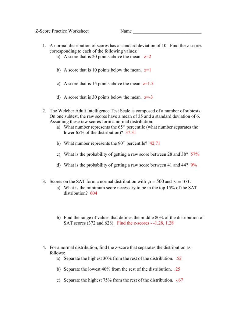 Z-Score Practice Worksheet With Z Score Practice Worksheet