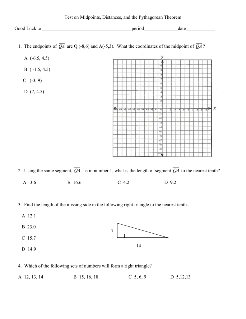 CTest on Midpoints, Distance, and Pythagorean Theorem With Regard To Midpoint And Distance Worksheet