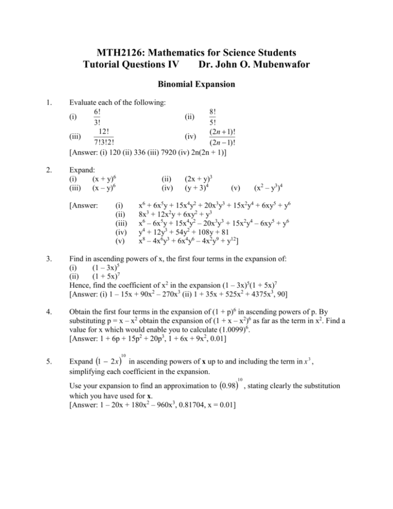 Mth2126 Mathematics For Science Students Tutorial Questions Iv