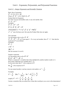 Unit 6 – Exponents, Polynomials, and Polynomial Functions