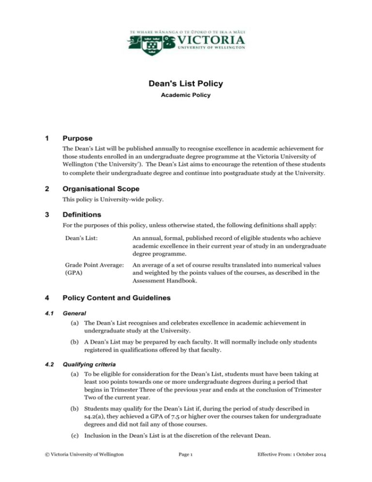 Dean s List Policy Victoria University Of Wellington
