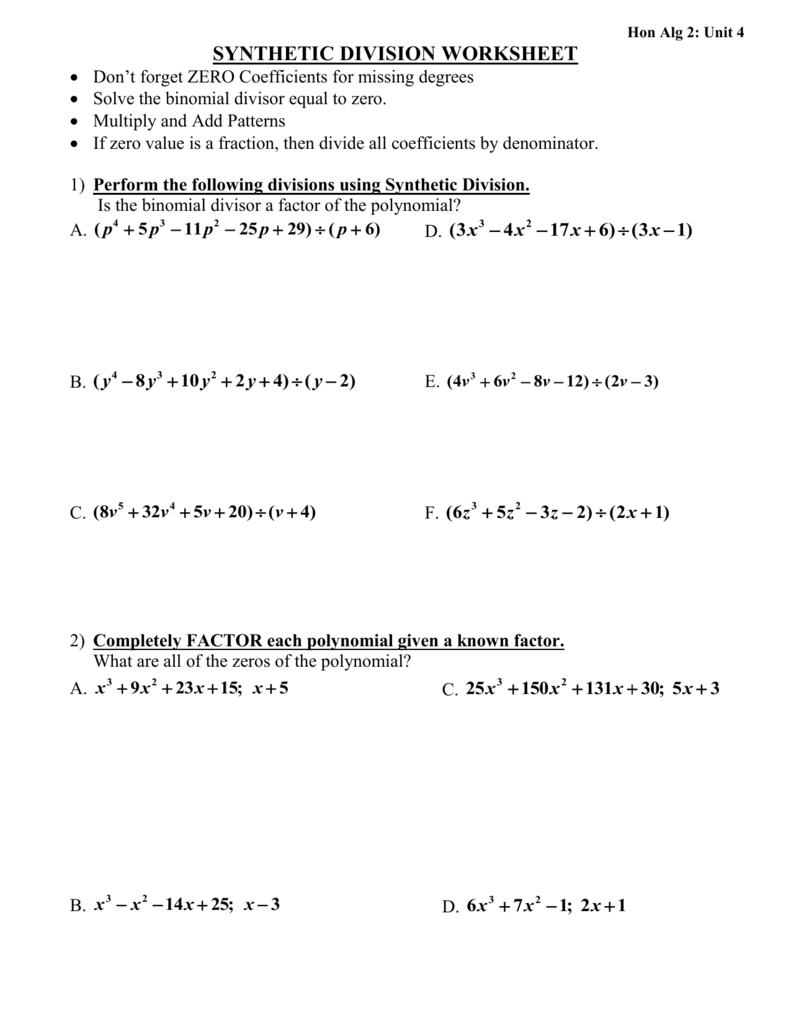 Hon Alg 22: Unit 22 SYNTHETIC DIVISION WORKSHEET Don`t forget With Regard To Long Division Polynomials Worksheet