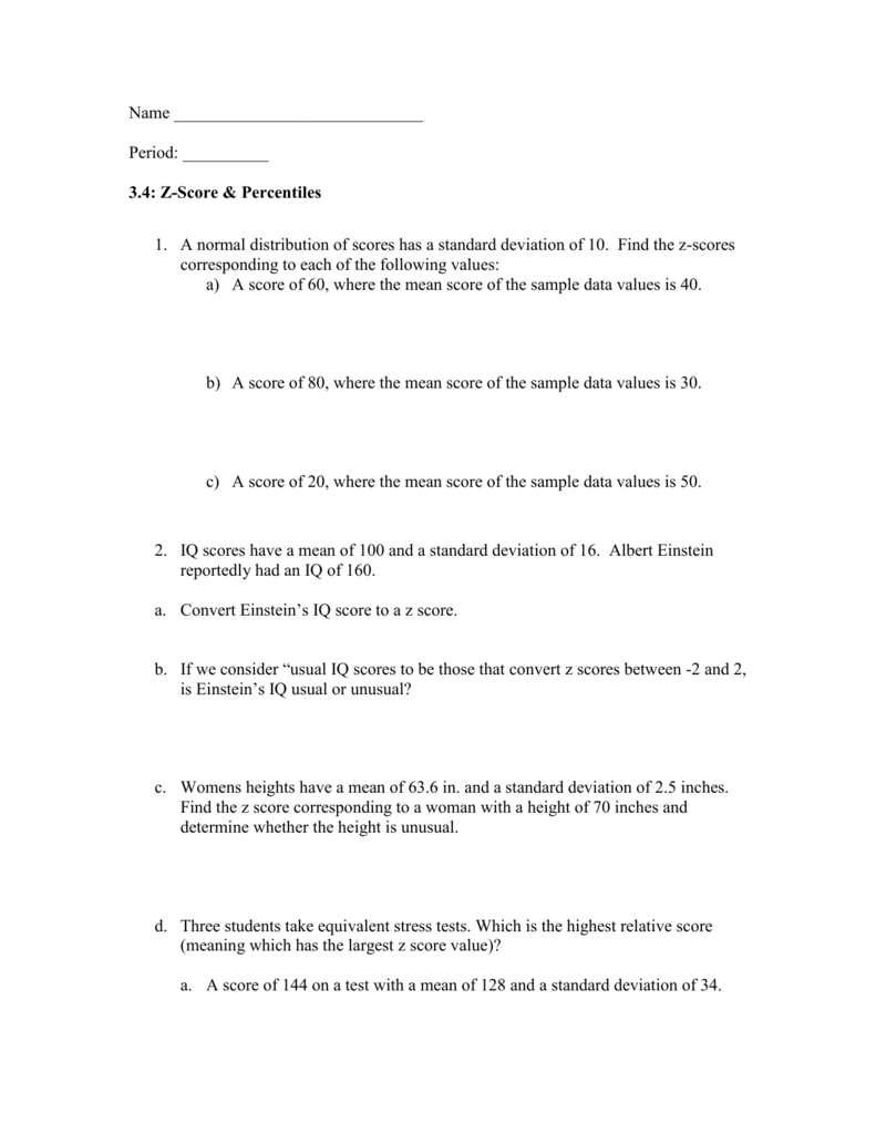 Z-Score Practice Worksheet - Doral Academy Preparatory Inside Z Score Practice Worksheet