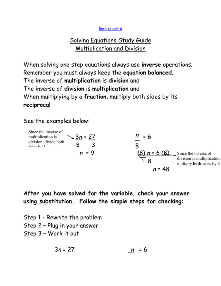 Solving One step Equations Multiplication Or Division