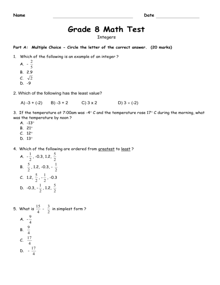 8th Grade Math Integer Worksheets