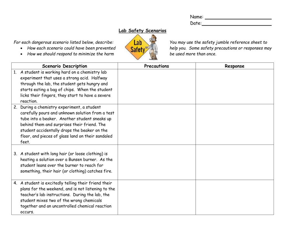 Lab Safety Scenarios For Lab Safety Worksheet Answer Key