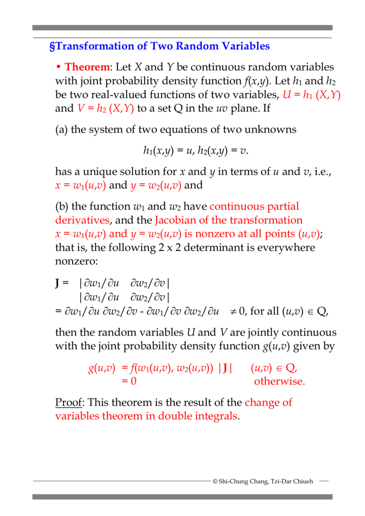 Transformation Of Two Random Variables Theorem Let X