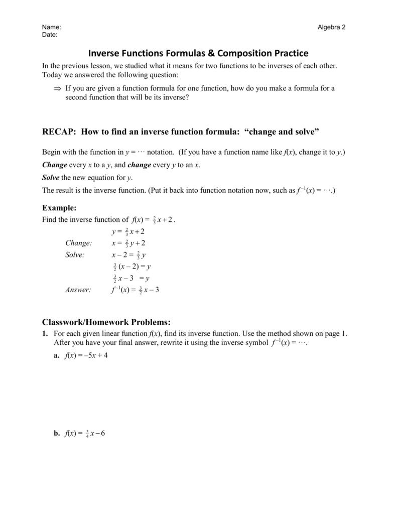 inverse functions algebra 2 homework answers