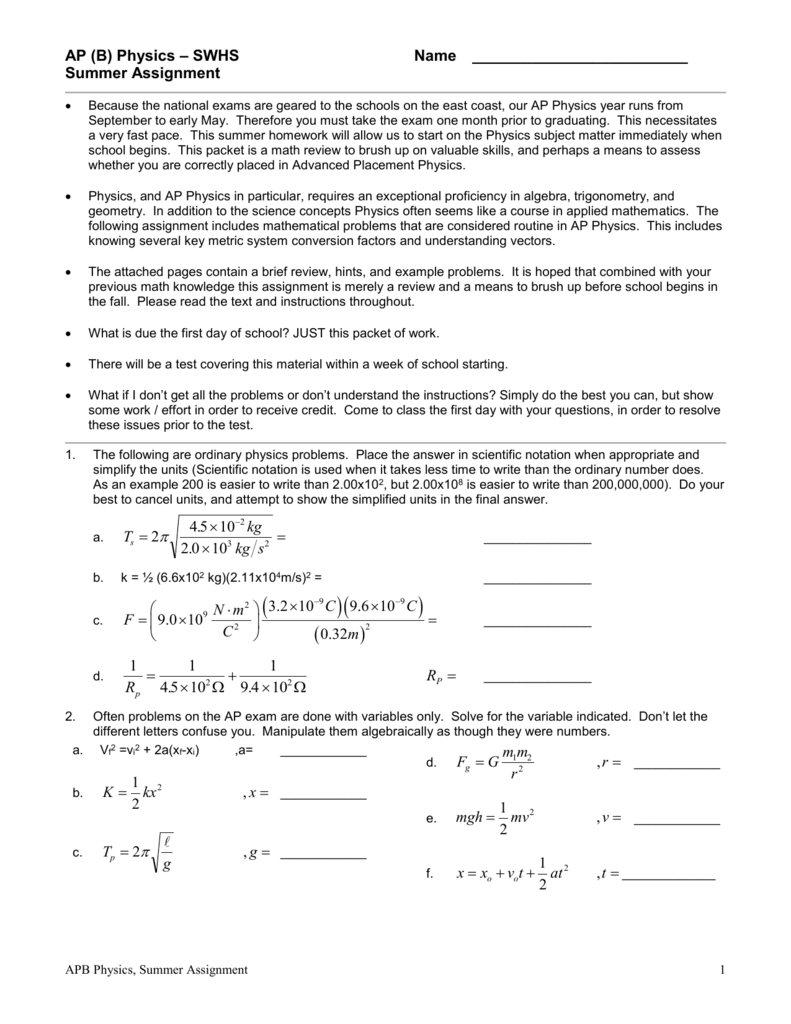 physics assignment answer