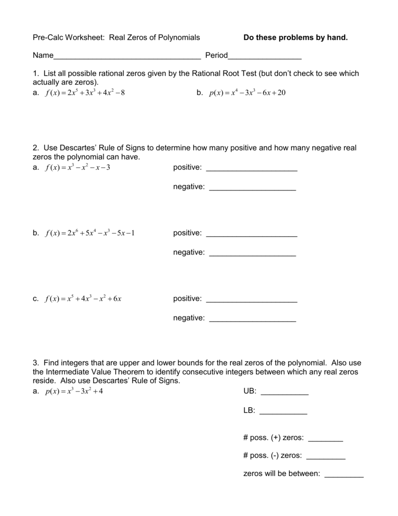 Pre-Calc Worksheet: Real Zeros of Polynomials Pertaining To Intermediate Value Theorem Worksheet