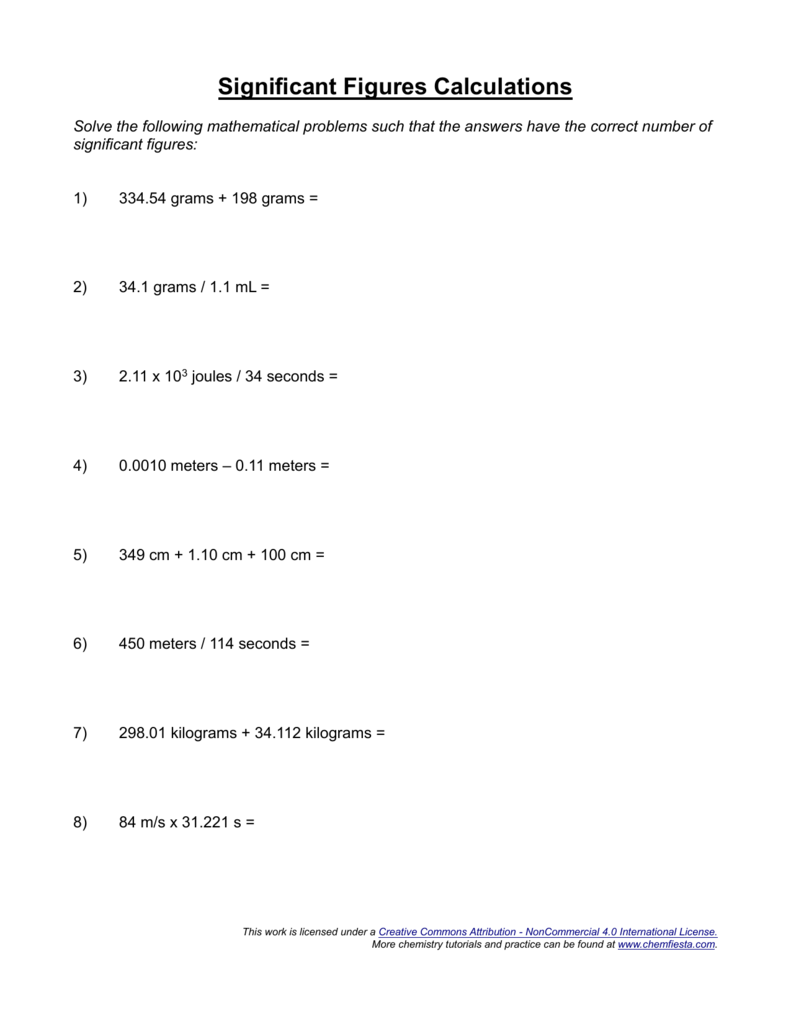 Significant Figures Calculations Worksheet Pertaining To Significant Figures Worksheet Chemistry