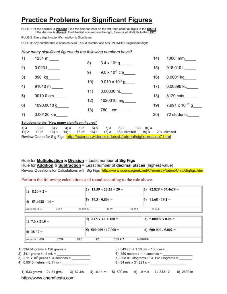 Practice problems for Sig Figs Inside Significant Figures Worksheet With Answers