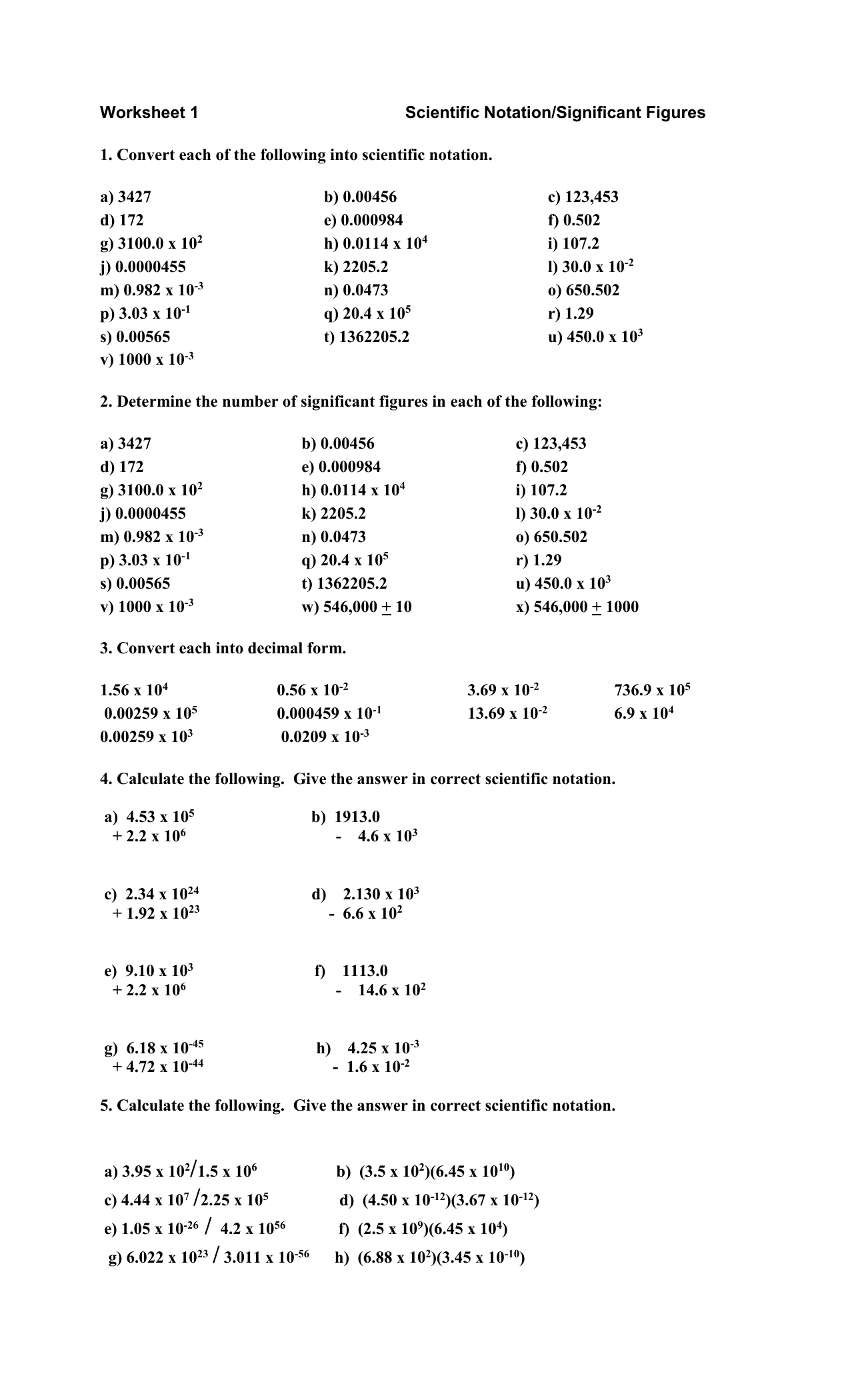 Sig. Figs. & Sci. Notation-Worksheet & Answer Key