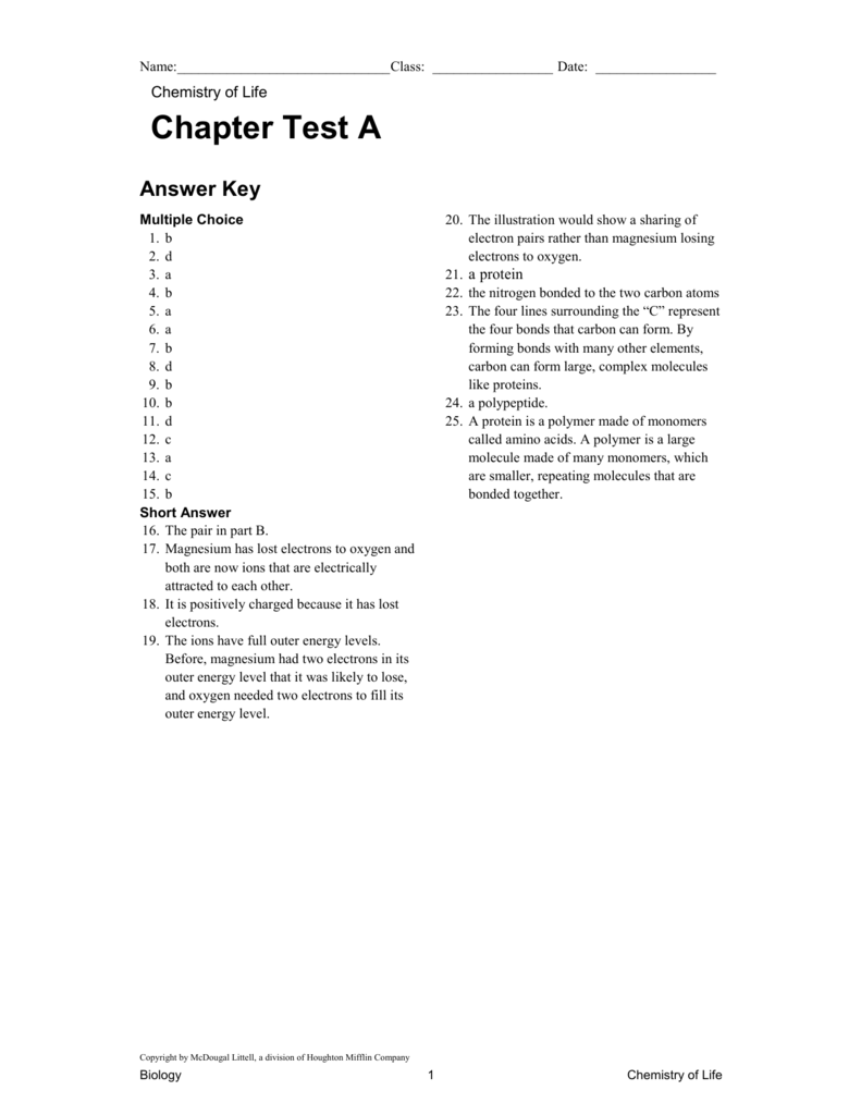 Ch. 20 test Regarding The Chemistry Of Life Worksheet