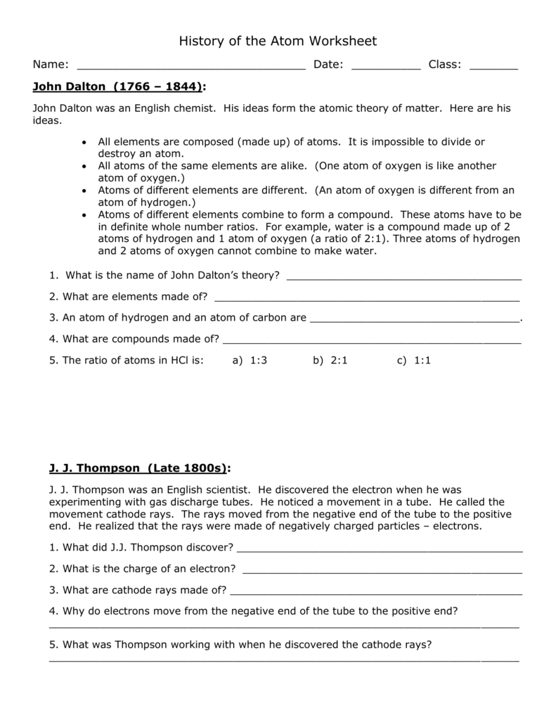 History of the Atom Worksheet Within History Of The Atom Worksheet