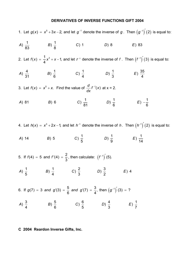 ap calculus worksheet 5 3 derivatives of inverse functions answers