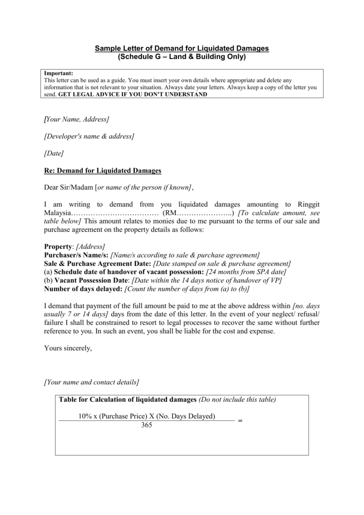 Sample Letter Of Demand For Liquidated Damages