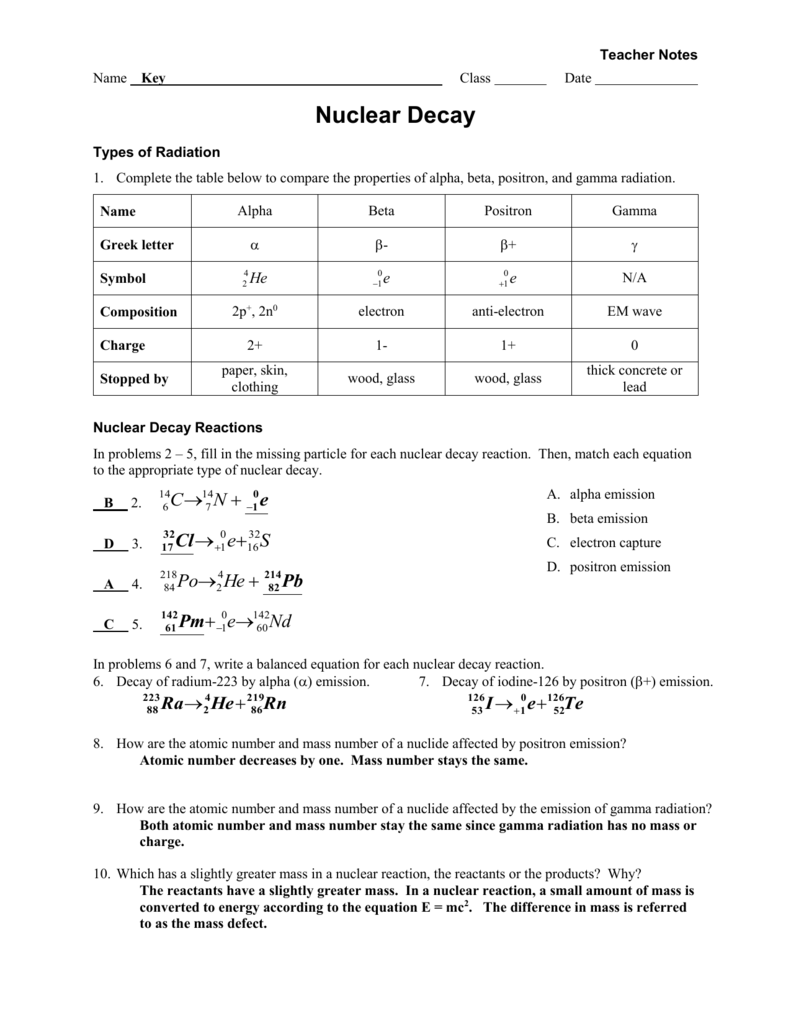 Worksheet - Radioactive Decay + Fission/Fusion KEY For Nuclear Decay Worksheet Answers Chemistry