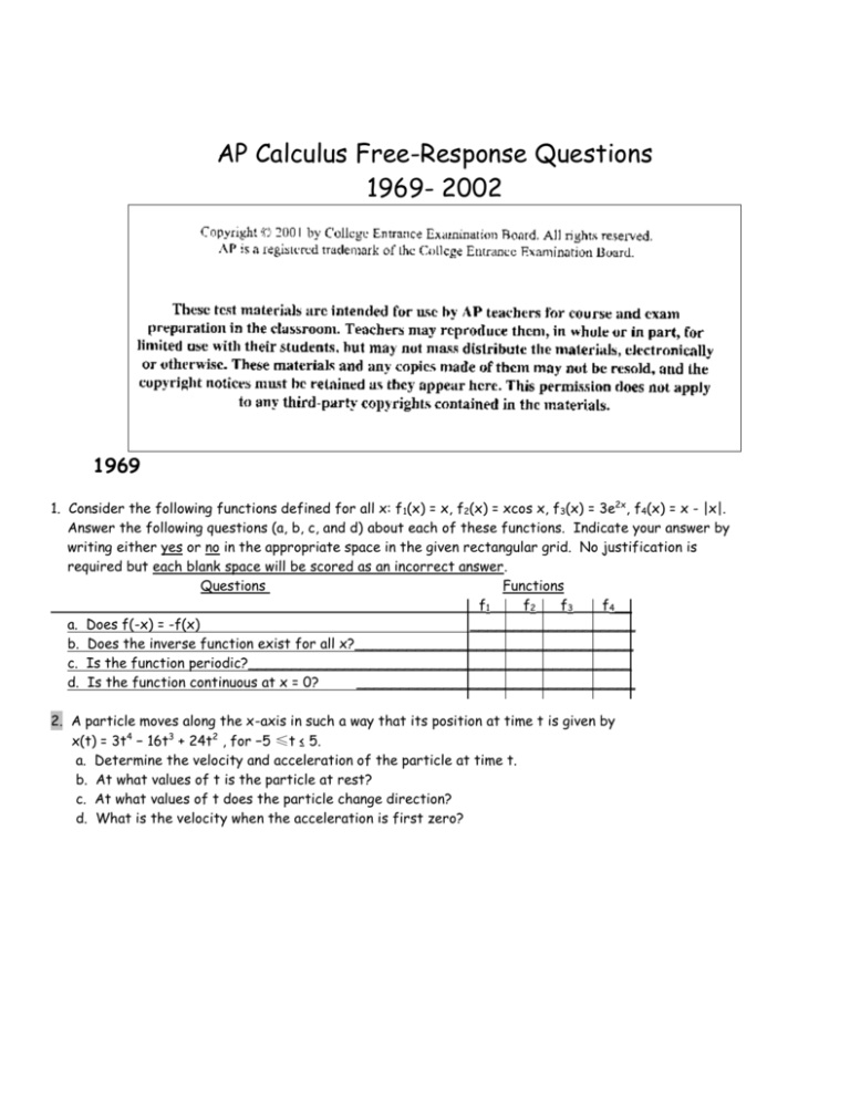 AP Calculus FreeResponse Questions