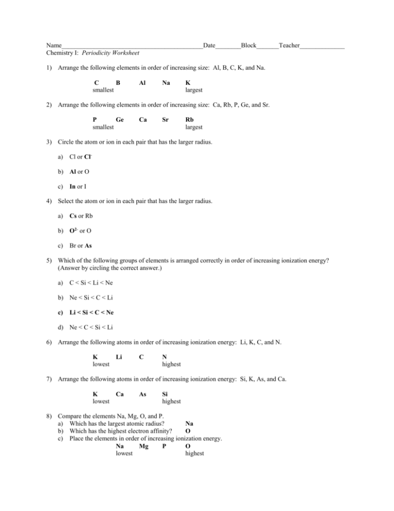 periodicity chemistry worksheet answer key