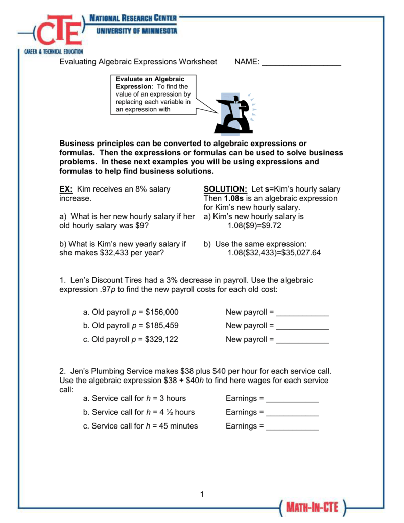 Evaluating Algebraic Expressions Worksheet For Evaluating Algebraic Expressions Worksheet