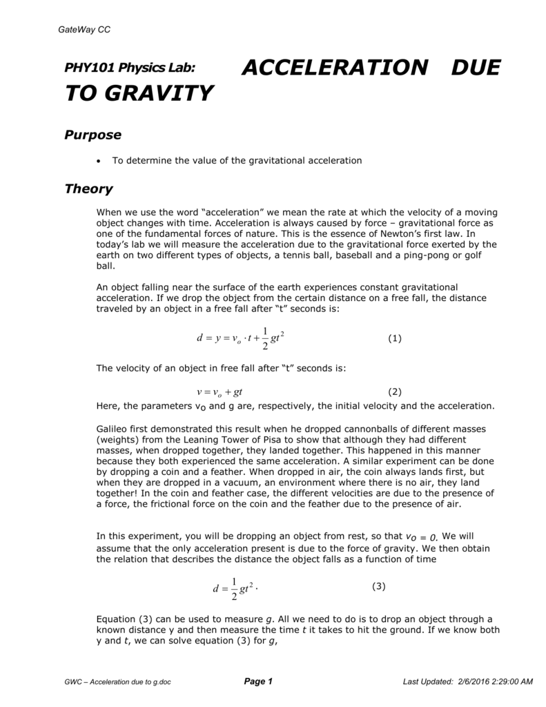 acceleration due to gravity lab physics 411