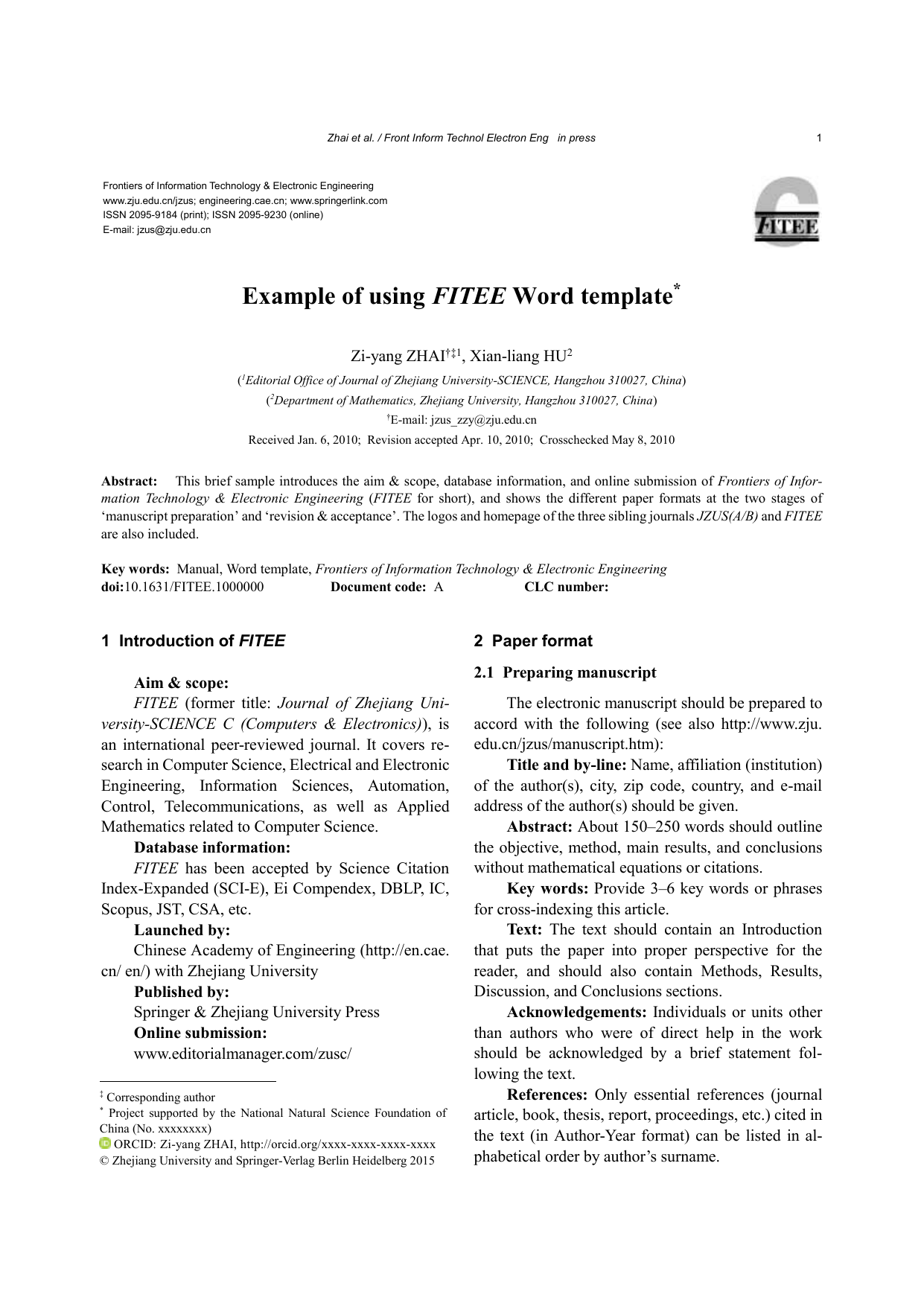 Word template for FITEE Throughout Scientific Paper Template Word 2010