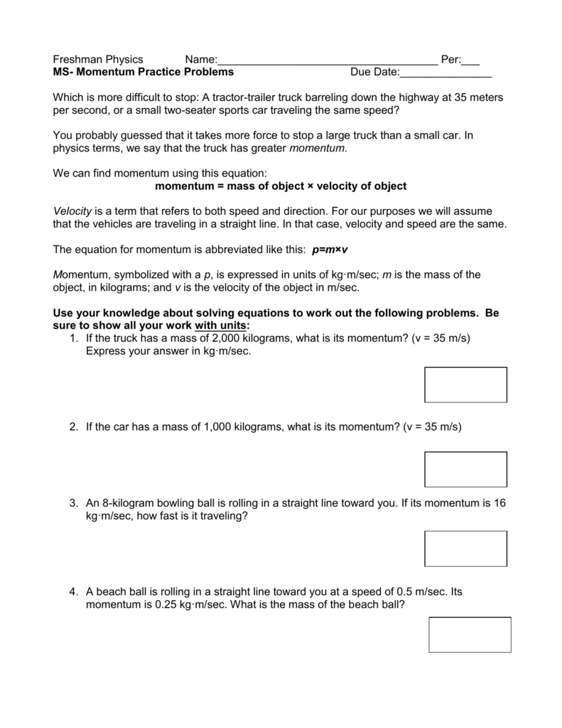 Momentum Practice Problems Regarding Momentum Worksheet Answer Key