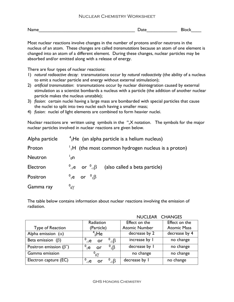 Atomic Structure/Nuclear Chem Pertaining To Nuclear Chemistry Worksheet Answers