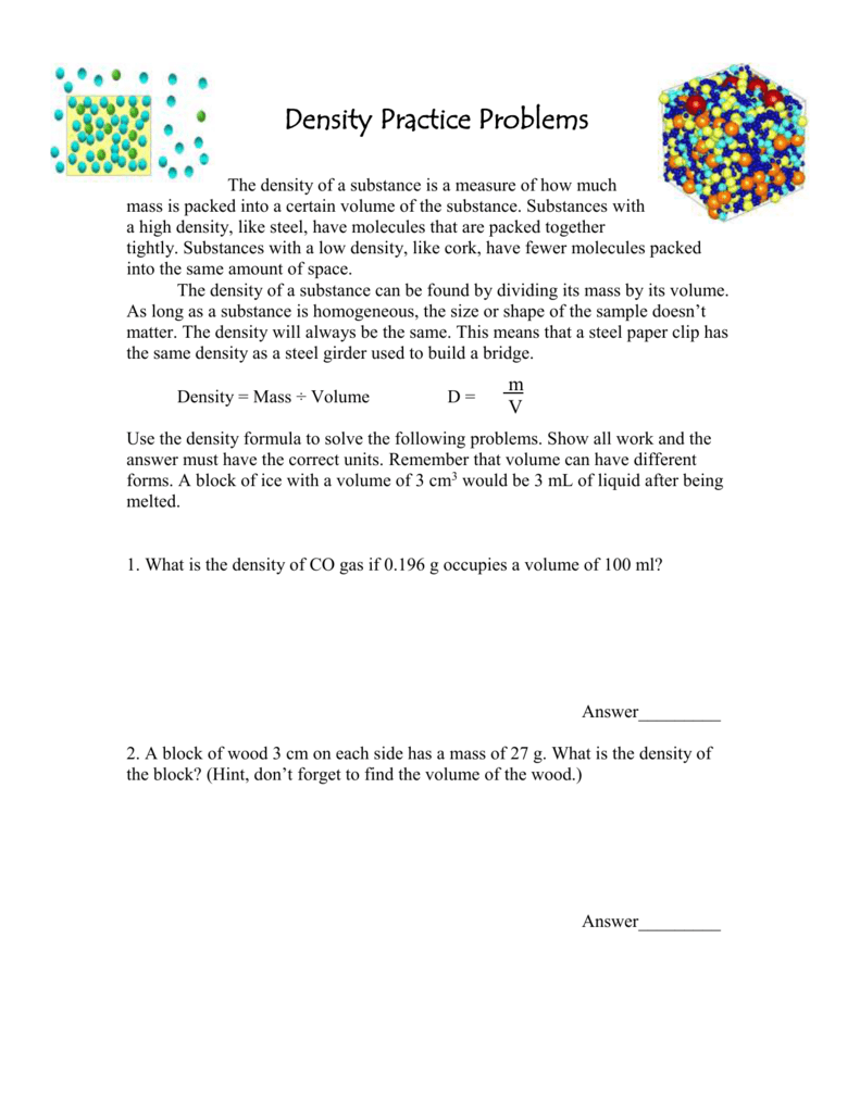 Density Practice Problem Worksheet Answers