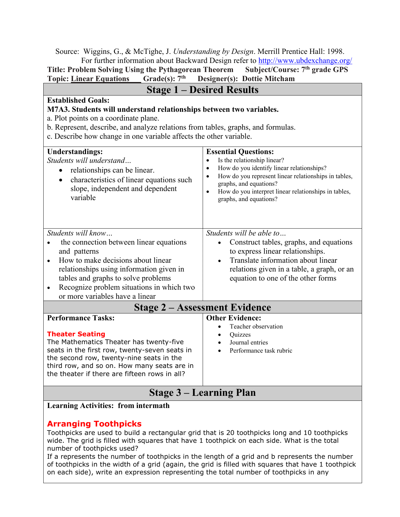 UbD Understanding By Design Lesson Plan