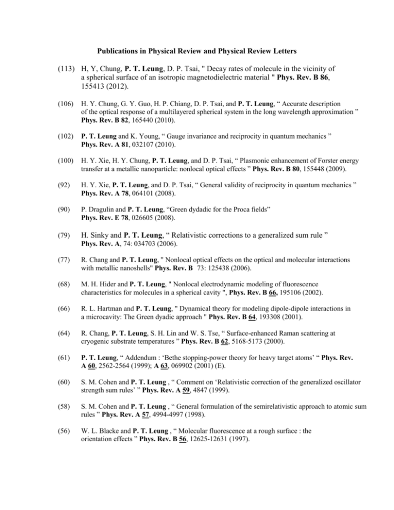 Publications In Physical Review And Physical Review Letters