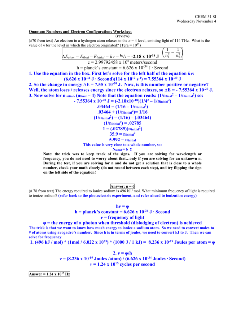 Quantum Numbers and Electron Configurations Worksheet In Quantum Numbers Practice Worksheet